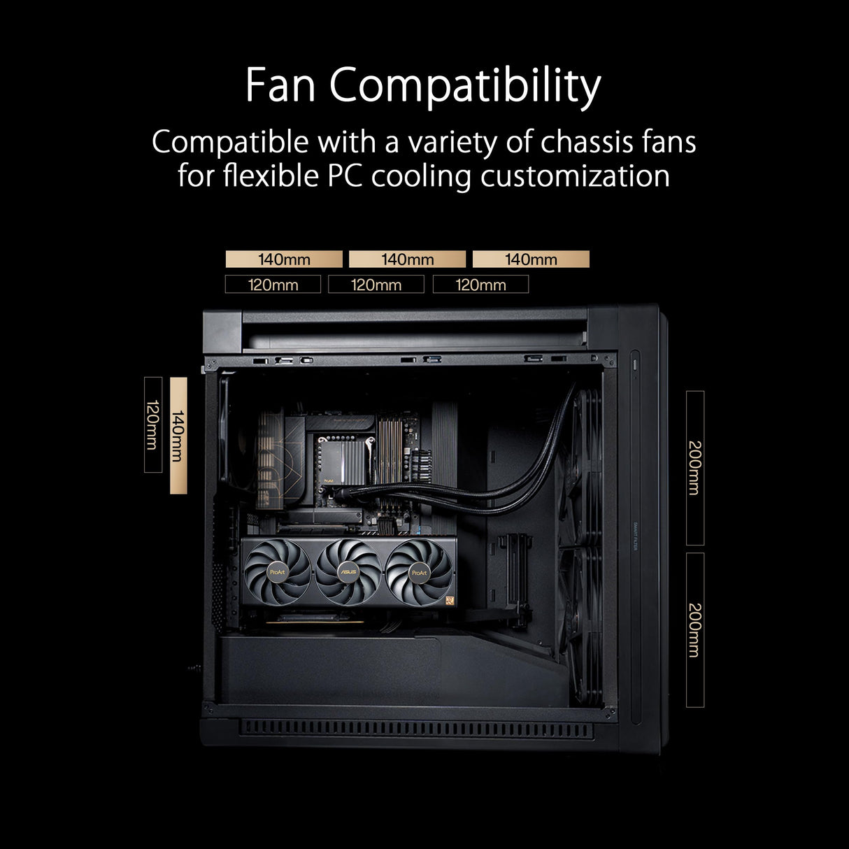 ASUS ProArt PA602 - Chasis para Ordenador E-ATX (Soporte para radiador de 420 mm, Ventiladores 140 mm y 200 mm, indicador de Polvo IR, Bloqueo de alimentación, PCIe sin Herramientas, USB de 20 Gbps)