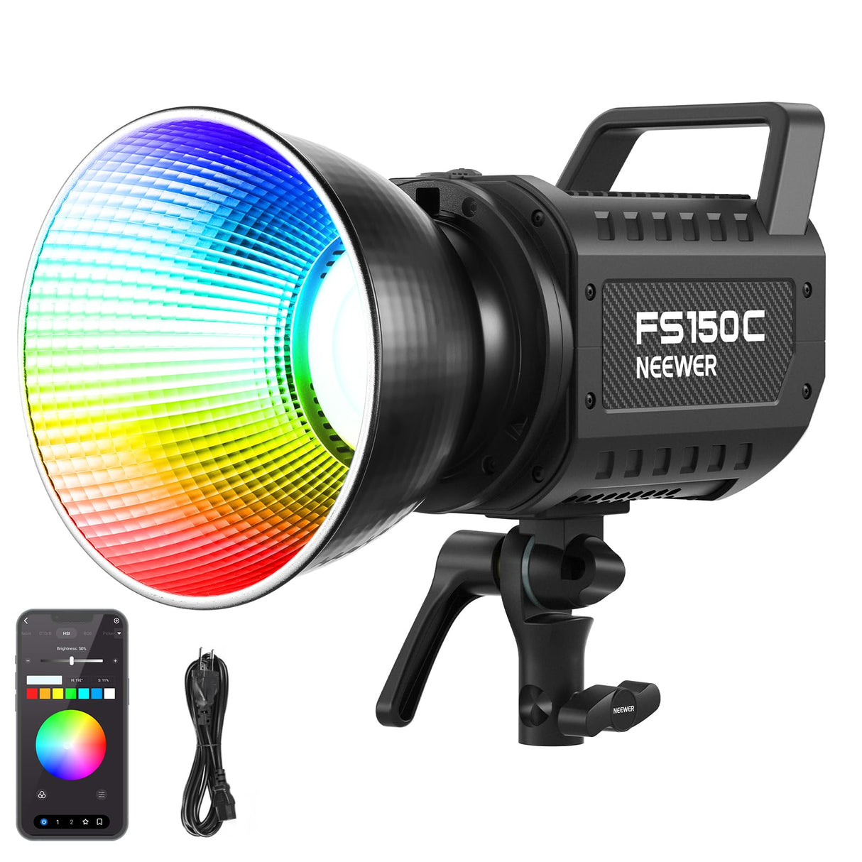 NEEWER 130W RGB LED Video Luz App/2,4G Control 17 Efectos, 2500-7500K 19800lux/1m COB Salida de Iluminación Continua con CRI97/TLCI98 4 Curvas de Atenuación, Foco de Bowens Mount en Estudio, FS150C