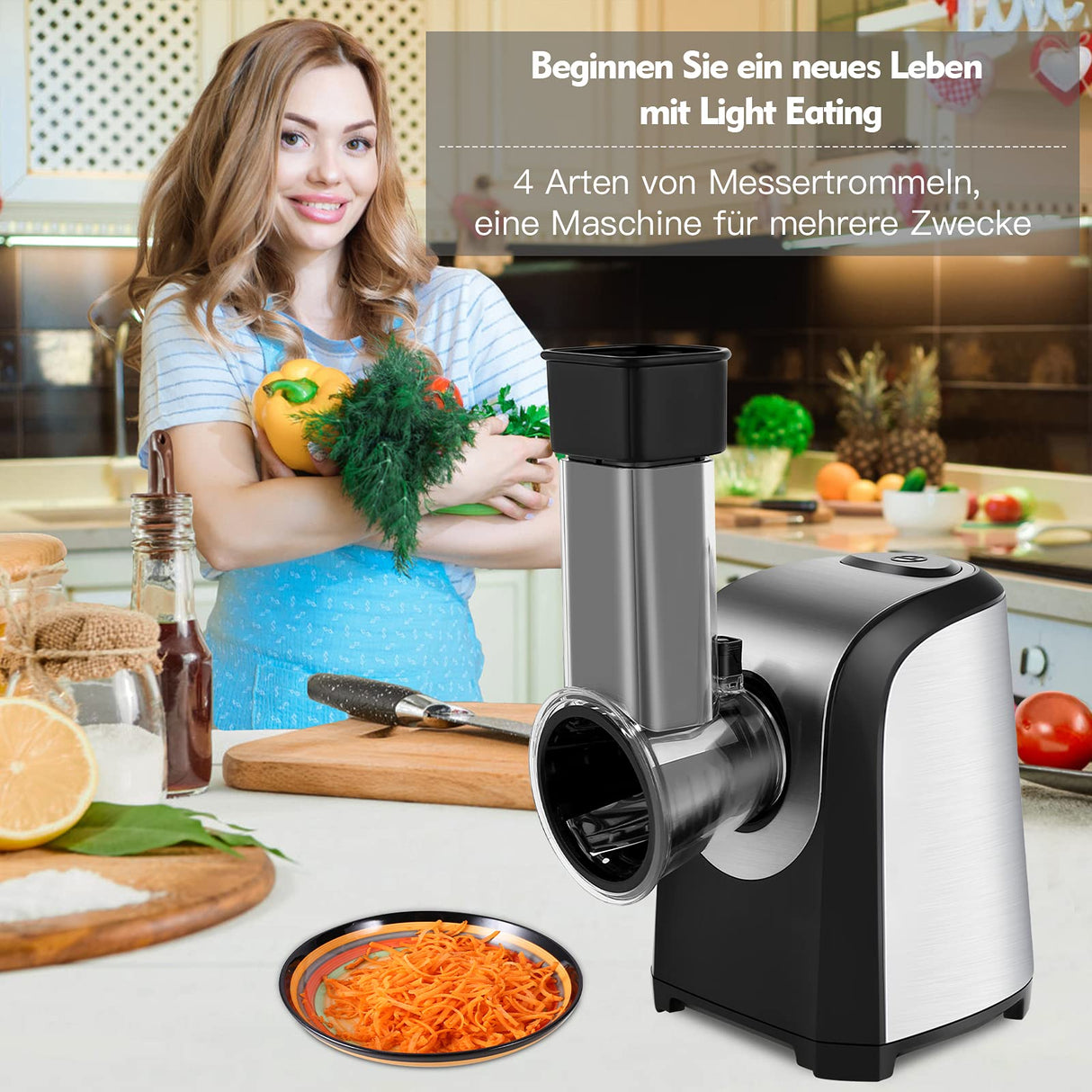 Cortador de verduras eléctrico automático QC-78, rallador eléctrico de cocina con 5 cuchillas cónicas, 150 W, rallador eléctrico con control de un botón (negro)
