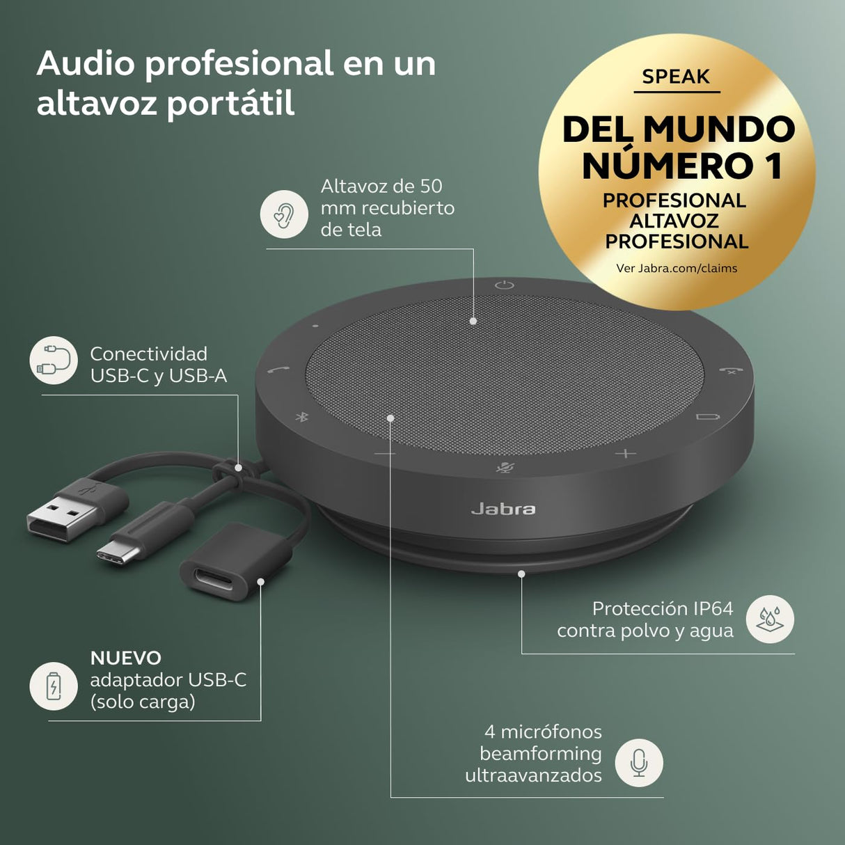 Jabra Speak2 55 Altavoz Inalámbrico Bluetooth - 4 Micrófonos, Cancelación de Ruido, 50 mm de Alto Alcance, Audio de Banda Ancha, Compacto y Portátil - Certificado para MS Teams - Gris Oscuro