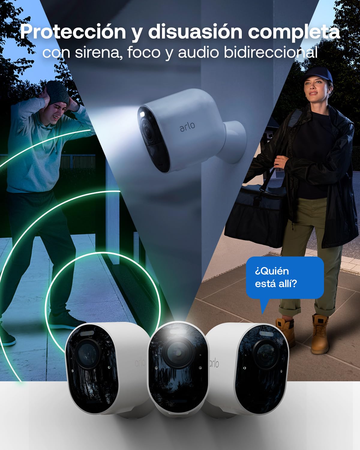 Arlo Ultra 3, Cámara de Vigilancia Exterior WiFi 4K UHD, Reconocimiento por IA, Vsión Nocturna a Color, Audio bidireccional, Funciona con Alexa, Prueba de Secure App incluida, 2 Cámaras + Smarthub