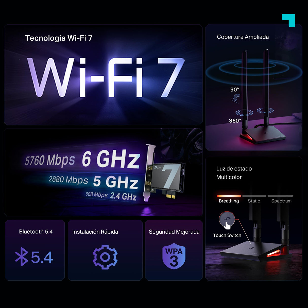 Archer TBE550E Adaptador PCI-E Wi-Fi 7 BE9300, Tri-Banda con Bluetooth 5.4| Antenas multidireccionales| Seguridad WPA3| Instalación rápida con USB| luz LED Multicolor| Compatible con Windows 11