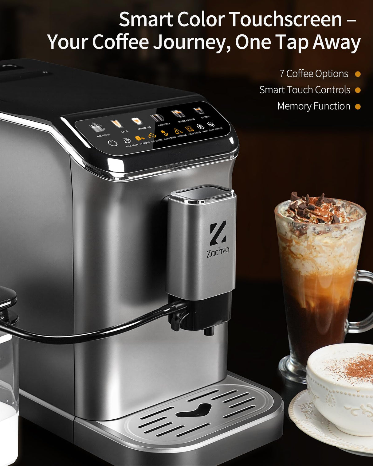 ZACHVO Cafetera Superautomática con Sistema de Leche–20 Bares, 7 Bebidas, 15 Niveles de Molido, Depósito de Agua de 1,5L, Doble Caldera, Control PID, Limpieza Automática,Pantalla Táctil,Café con Leche