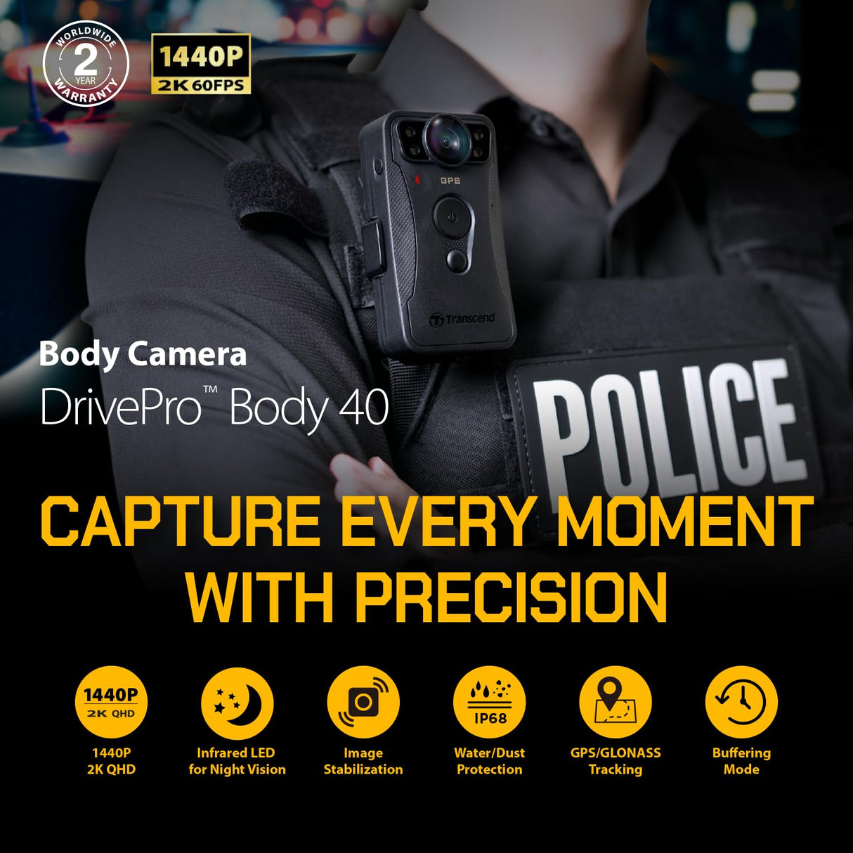 Transcend 128GB 1440P QHD Police Body Camera STARVIS 2 Sensor IP68 Weatherproof Body Worn Camera con estabilización de Imagen electrónica, visión Nocturna GPS TS128GDPB40A