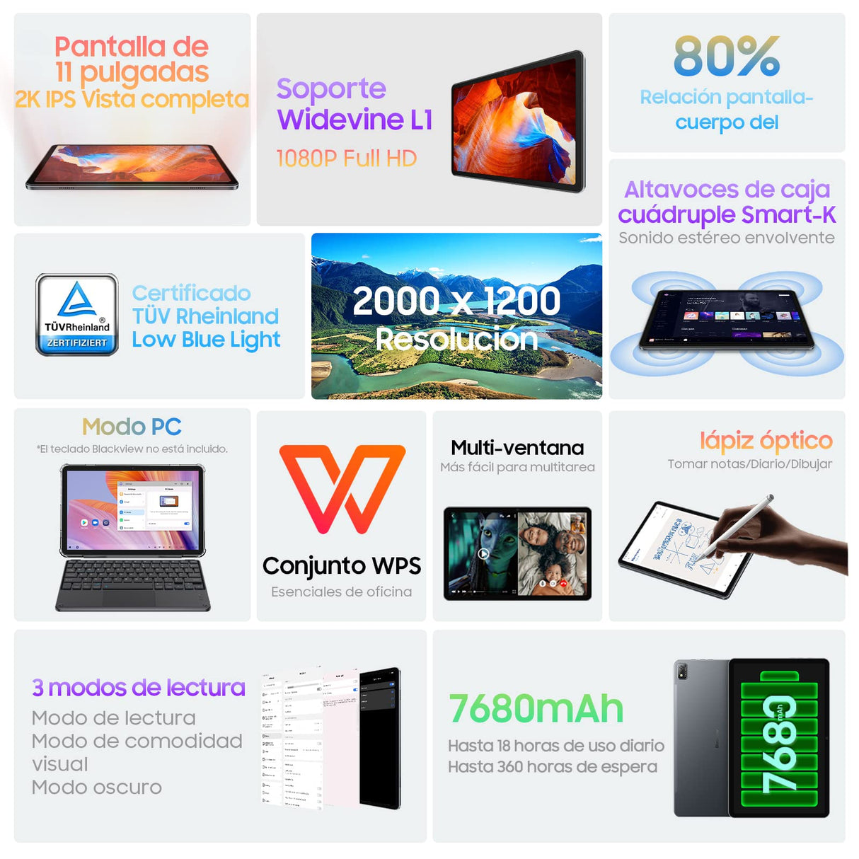 Blackview Tab16 Tablet 11 Pulgadas, 14(8+6)GB RAM + 256GB ROM(1TB TF) 2K FHD Pantalla Tablets Android 12, 4G LTE & 5G WiFi, Widevine L1, 4 Altavoces/8MP+13MP/Face ID/GPS/OTG/con Lapiz & Funda