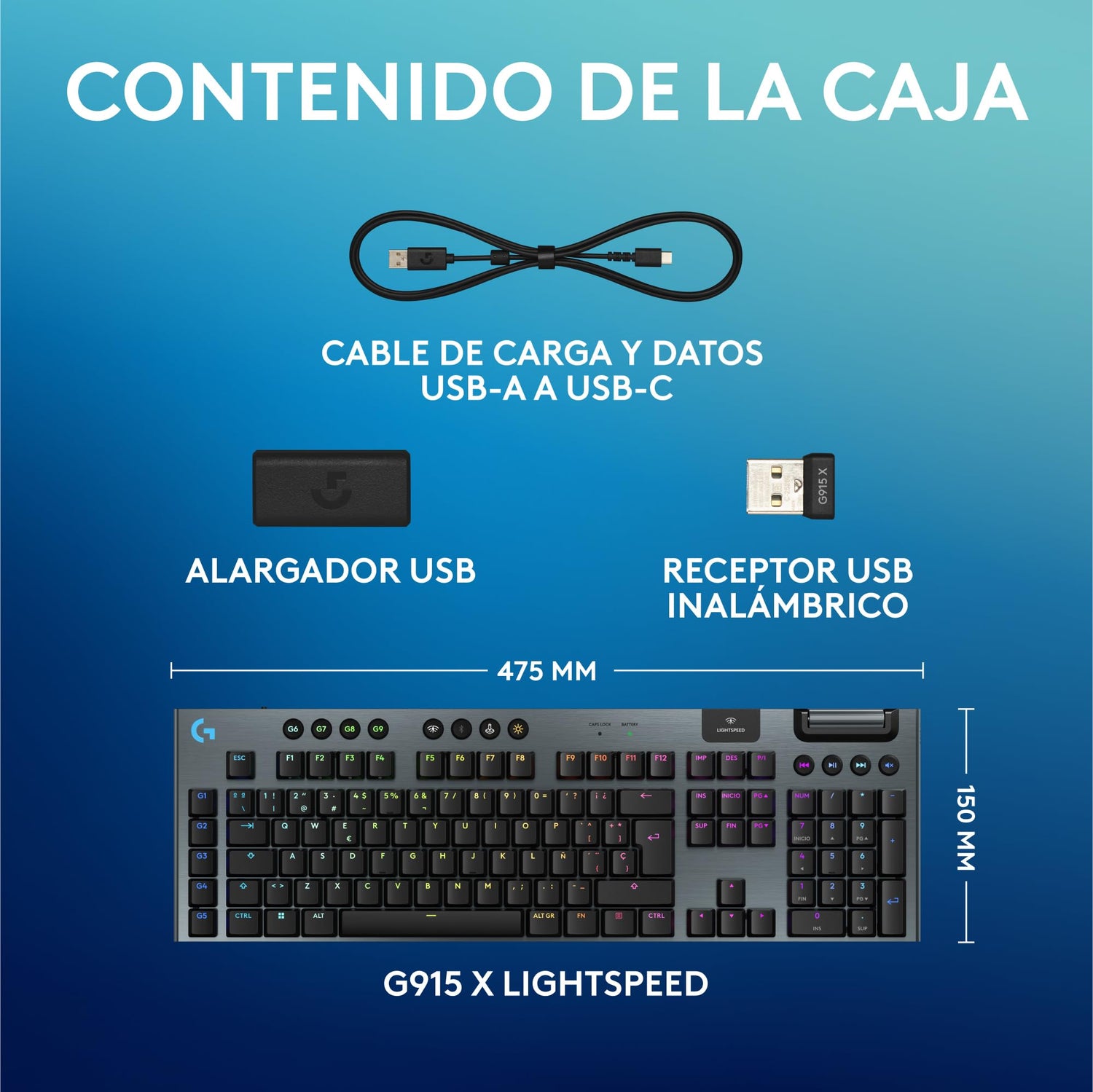 Logitech G G915 X Lightspeed Low-Profile Gaming Keyboard - US QWERTY-Layout - Negro