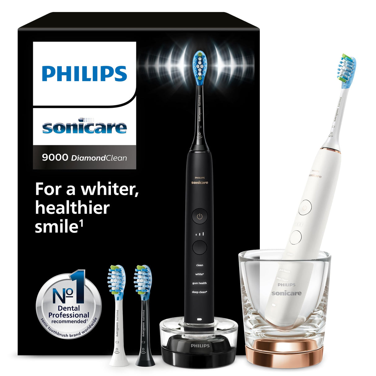 Philips Sonicare DiamondClean 9000 cepillo dental eléctrico, paquete doble, cepillo dental sónico con aplicación, sensor de presión, vaso de carga, negro y oro rosa, modelo HX9914/61