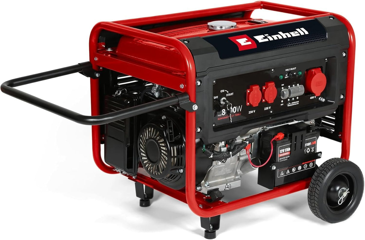 Einhell Generador de corriente (gasolina) TC-PG 8000 (potencia máxima 8000 W, potencia continua máx. 7500 W, depósito de 25 l, motor de 4 tiempos, 2x 230 V, 1x 400 V, seguro a falta de aceite)