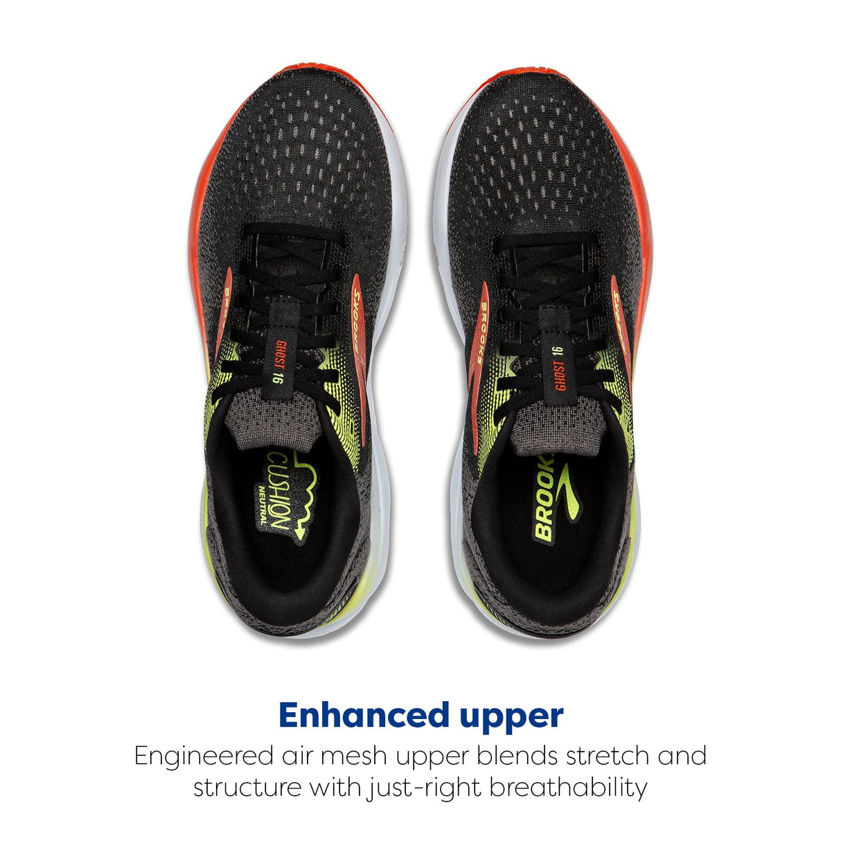 BROOKS Ghost 16, Sneaker Hombre, Negro/Rojo mandarín/Verde, 44 EU