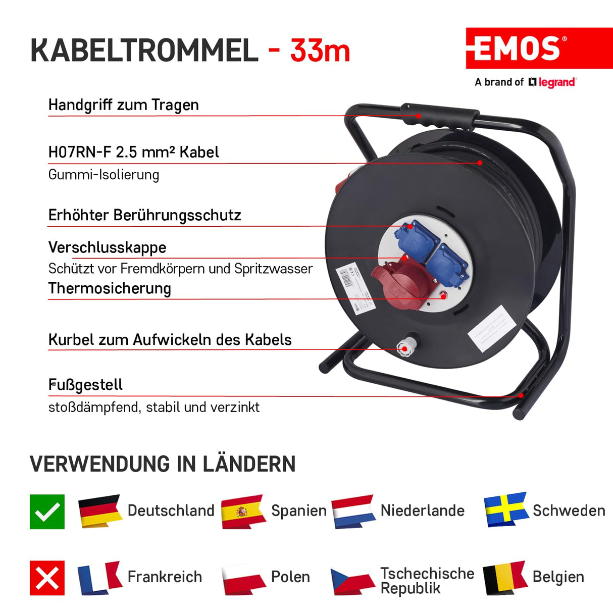 EMOS - Tambor de Cable CEE 33m - 3 Tomas (1 CEE, 2 Schuko) - Resistente al Agua - 230 V/400 V, 15 A, 2500 W/6400 W - Aislamiento de Goma - H07RN-F 2,5 mm2 - IP44 para Exteriores y Camping