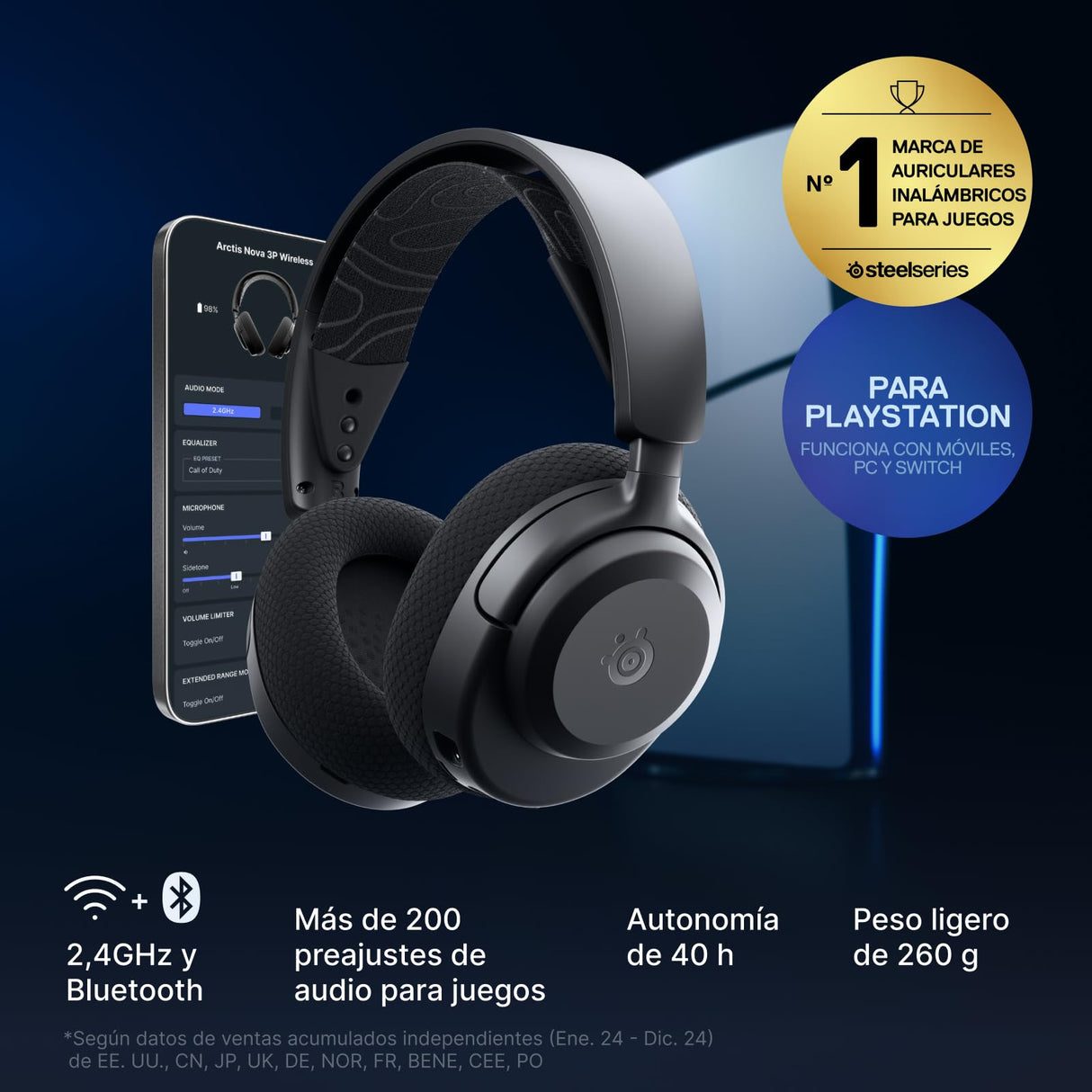 SteelSeries Arctis Nova 3P Wireless Auriculares Gaming multiplataforma - App - Batería 40h - Controladores magnéticos de neodimio - 2,4 GHz/Bluetooth - Micro extraíble - PS5, PS4, PC, Switch -Negro