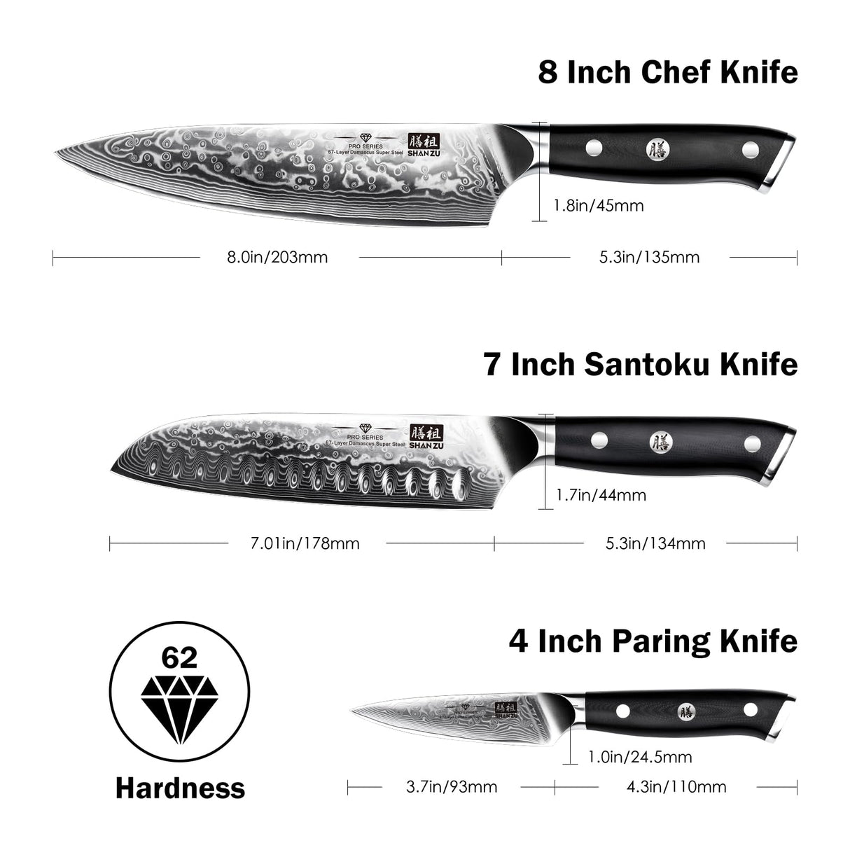 SHAN ZU 3 Piezas Juego de Cuchillo de Cocina Damasco, Set Cuchillo de Cocina Japones de Acero Damasco de 67 Capas, Cuchillo de Chef Cuchillo Santoku Cuchillo Pelador - PRO Series