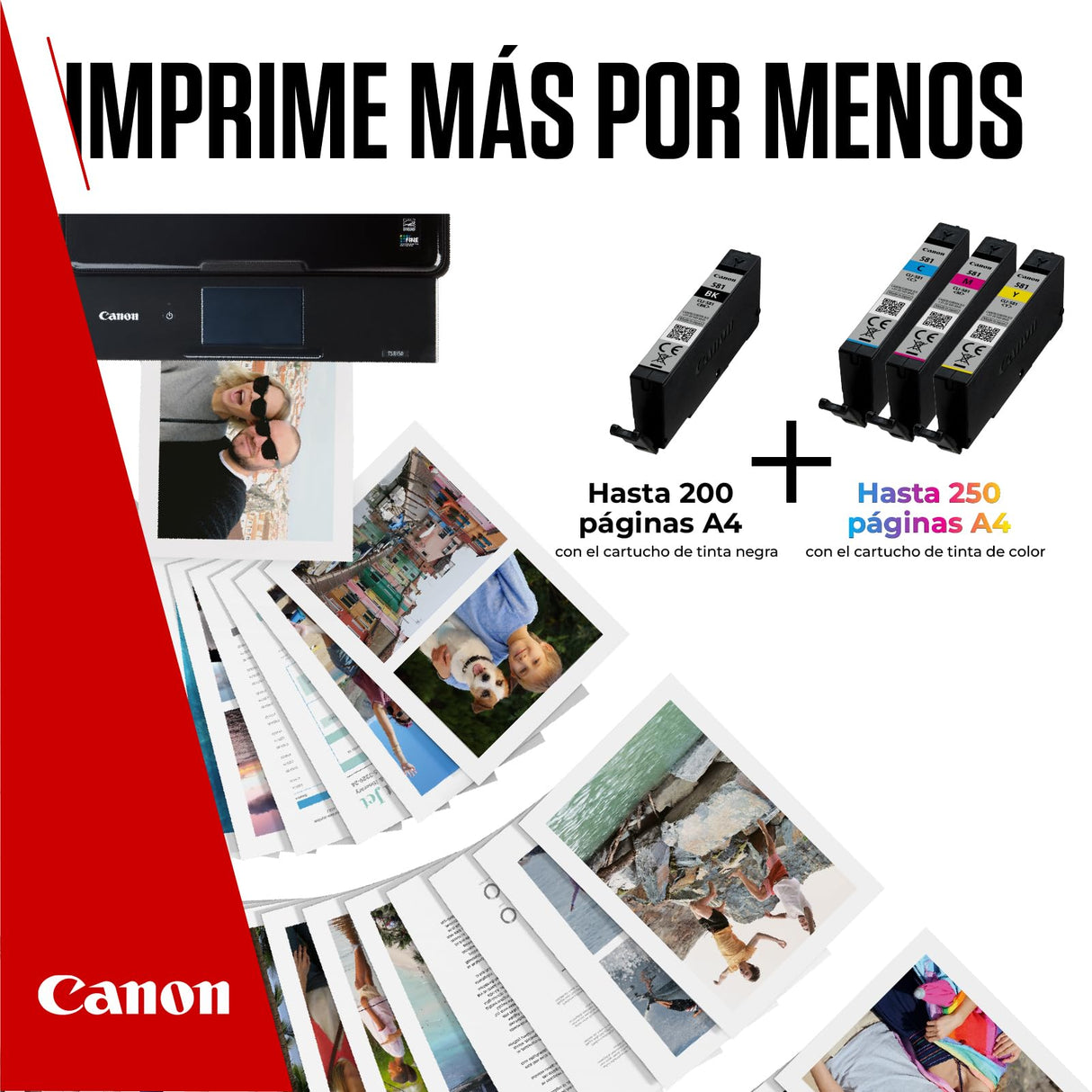 Canon Tinta y Papel - CLI-581 - Pack 4 Cartuchos Originales (x 1 Negro, x 1 Cian, x 1 Magenta, x 1 Amarillo) + Papel fotográfico 10 x 15cm (50 Hojas)