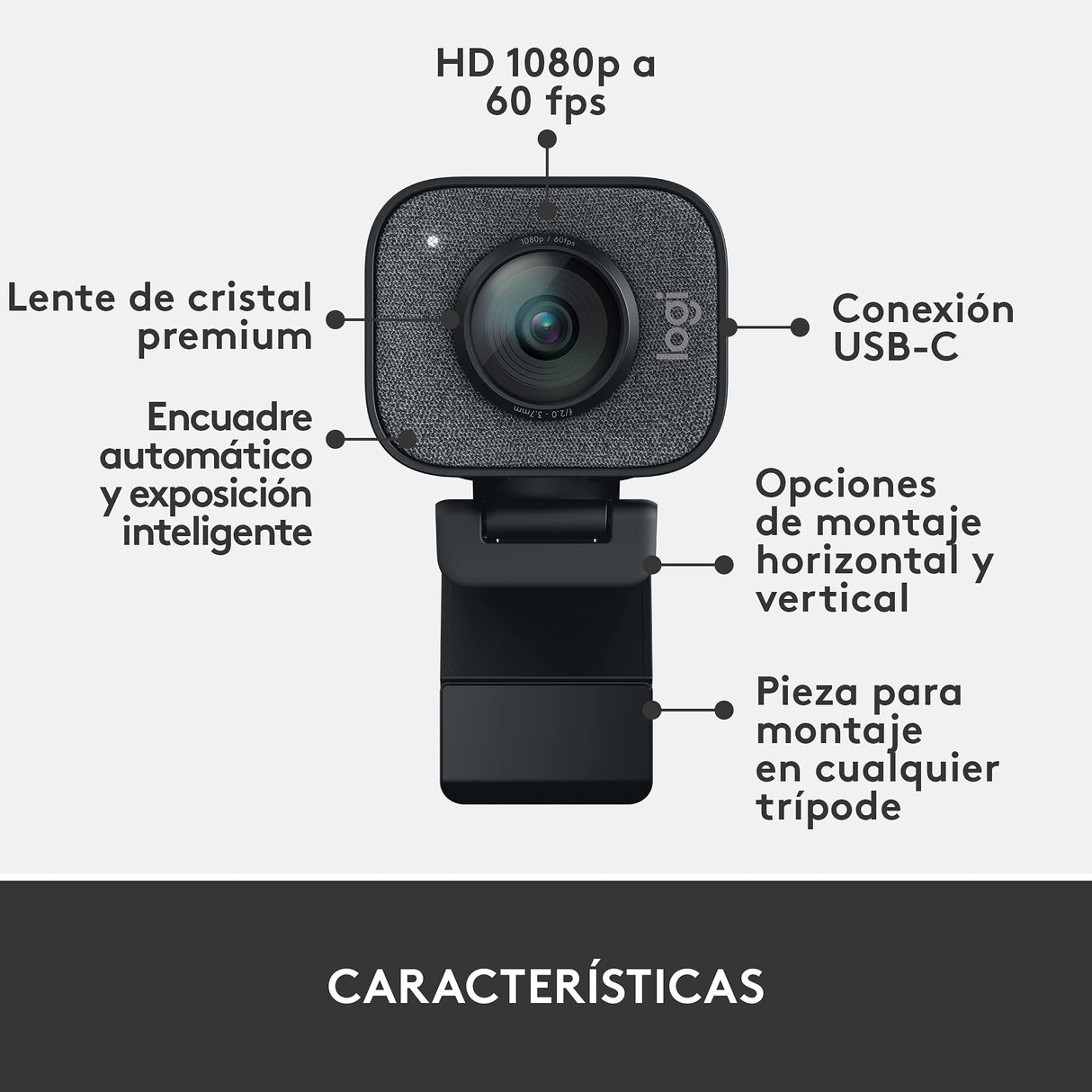 Logitech StreamCam, Cámara Web con USB-C para Streaming de vídeo y creación de Contenido, Vídeo vertical Full HD 1080p a 60 fps, Versatilidad demontaje, para YouTube, Gaming Twitch, PC/Mac, Negro