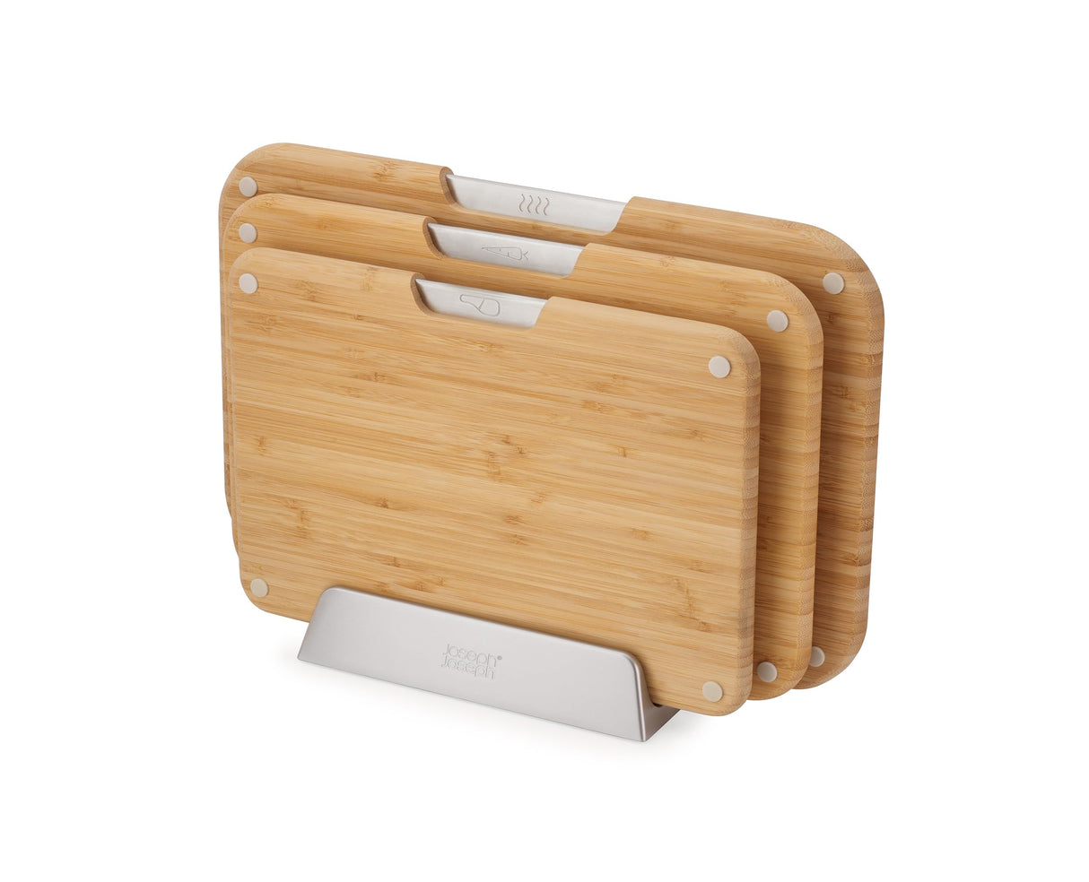 Joseph Joseph Nest™ Juego de 3 Tablas de Cortar de Bambú, Doble Cara, Antideslizantes, Iconos de Alimentos, Soporte de Metal