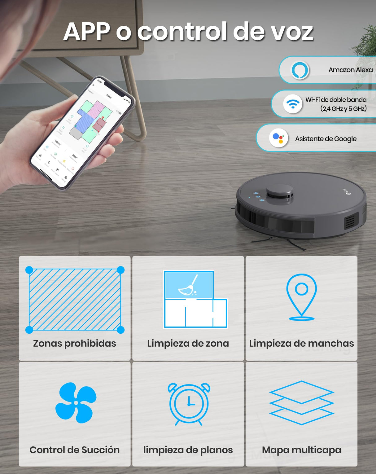 LEFANT M1 Robot Aspirador y Fregasuelos con mapeo, 5500Pa, 200 Min, Navegación Láser (LDS), Zona Prohibida, Aspirador Robot de 32 cm, Control WiFi/App/Alexa - Ideal para el Hogar Inteligente, Gris