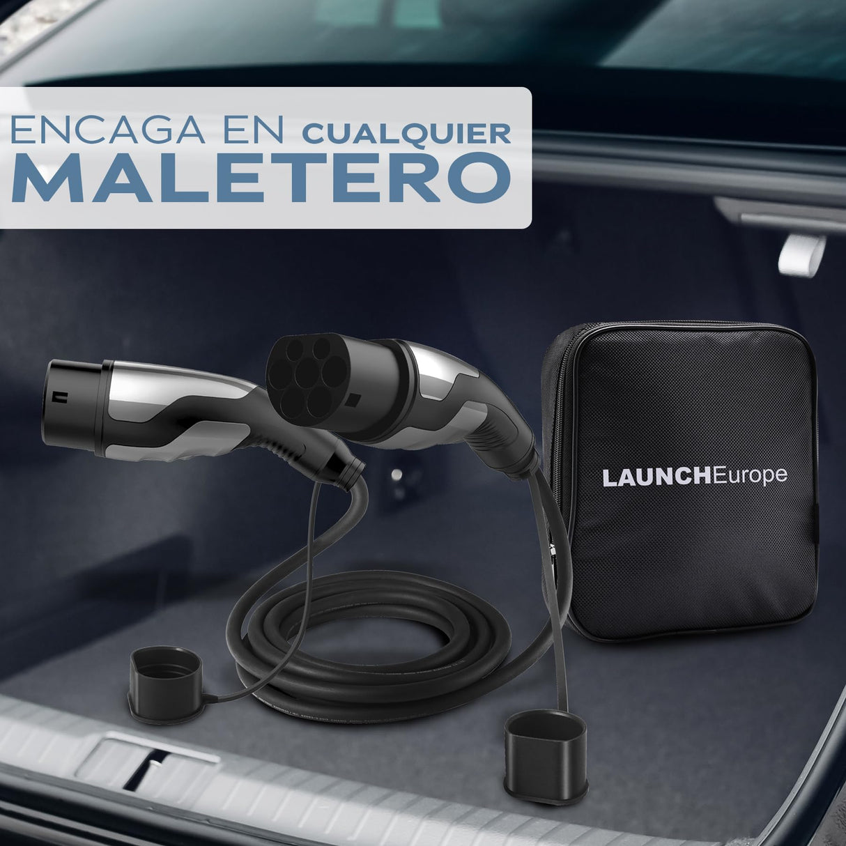 Launch Cable de Carga Tipo 2-22kW 7M 32A para Coche eléctrico, Ideal para EV/PHEV Tipo 2 a Tipo 2, 3 Fases, IP55, con Bolsa de Transporte. Compatible con vehículos T-Mode y E-Golf.