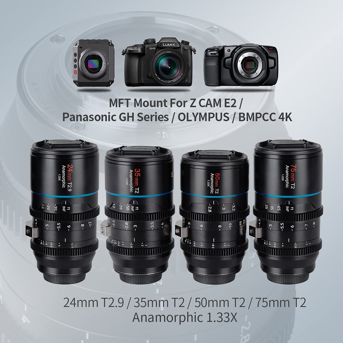 SIRUI Mars Juego de Cine Cinema Objetivo Lens Lenses Lente Anamorphic 1.33x T2 a T2.9, Kit de Lentes MFT (Lentes Anamorphic M4/3 de 24 mm, 35 mm, 50 mm, 75 mm)