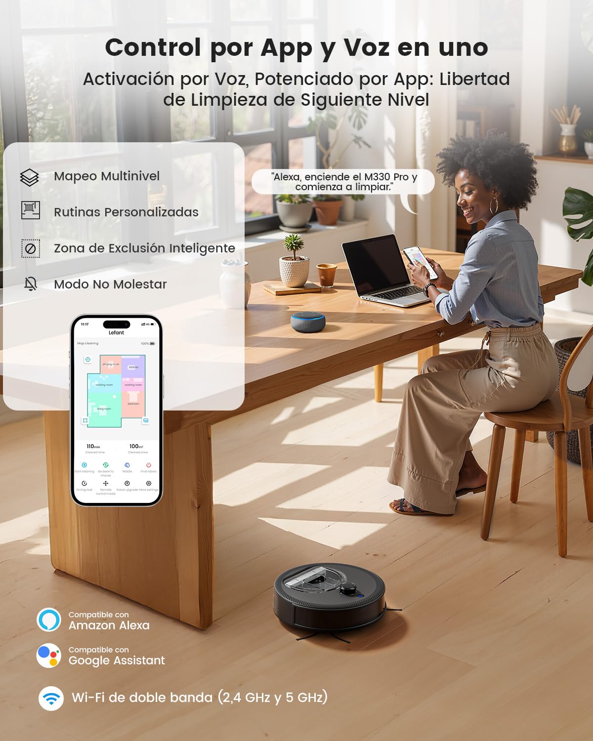LEFANT M330 Pro Robot Aspirador y Fregasuelos con Mapeo 3 en 1, Navegación dToF, 5000Pa, 150min, Evitación de Obstáculos PSD 190°, WiFi/Alexa 2,4GHz y 5GHz, Ideal para Pelo de Mascotas y Alfombras