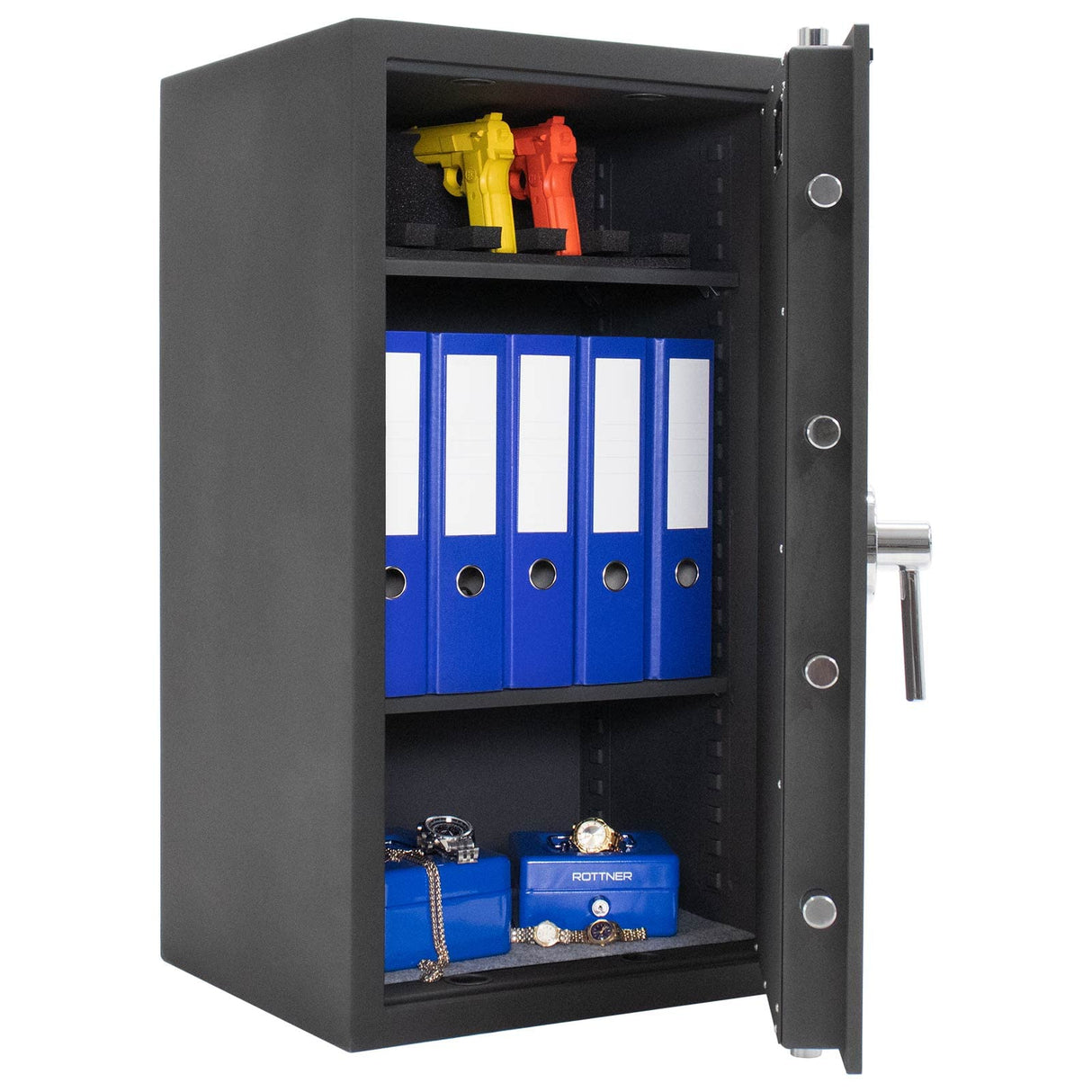 Caja fuerte para muebles Toscana 85 EL de Rottner, Color antracita, Clase de seguridad: EN-1 según CSN EN-1 1143-1 + A1:2009, Cerradura electrónica con dos códigos programables, Protección contra incendios, Antirrobo, Tornillos de fijación incluidos