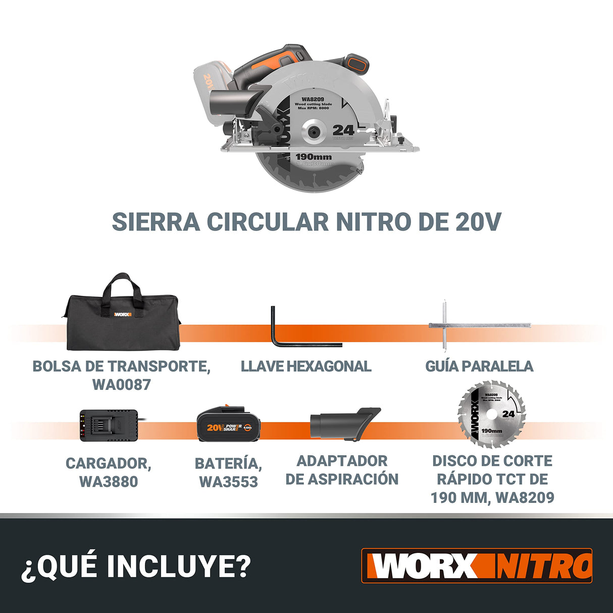 WORX Sierra circular Brushless 20V | PowerShare | WX520 | Incluye 1 batería 2Ah y cargador | Motor sin escobillas, corte a bisel, base de aluminio, empuñadura ergonómica