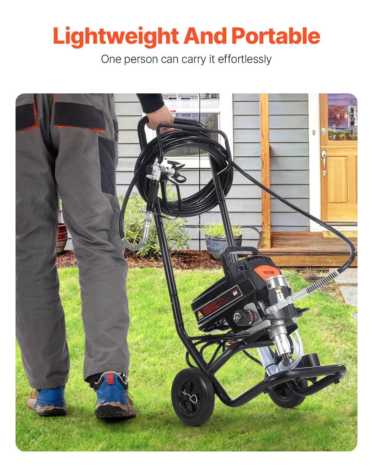 VEVOR Pulverizador de Pintura 950 W Máquinas Pintura Airless 2 L/min Pistola de Pulverización Eléctrica sin Aire con Carro Presión Máxima 3000 PSI con Manguera de 15 m para Pared, Mueble, Cercas