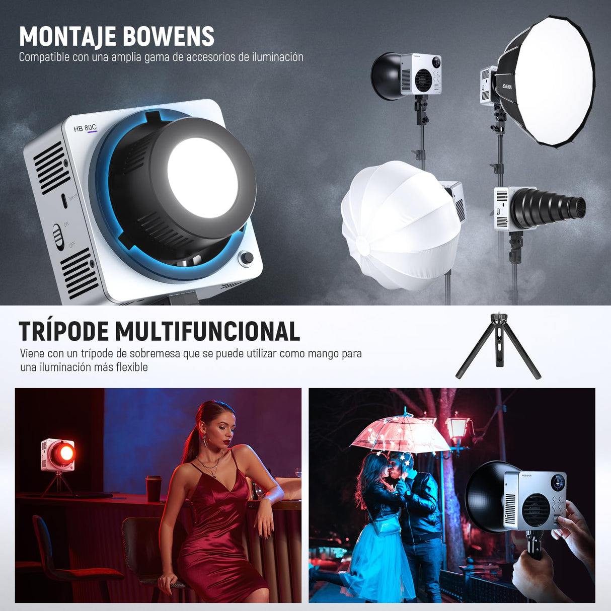 NEEWER HB80C RGBWW Luz Vídeo LED con Batería Incorporada 72Wh y PD 100W Carga Rápida, 80W Mini RGB COB Iluminación Salida Continua Foco Portátil con Montaje Bowens 2500K-7500K, 10400lux/m, 18 Efectos