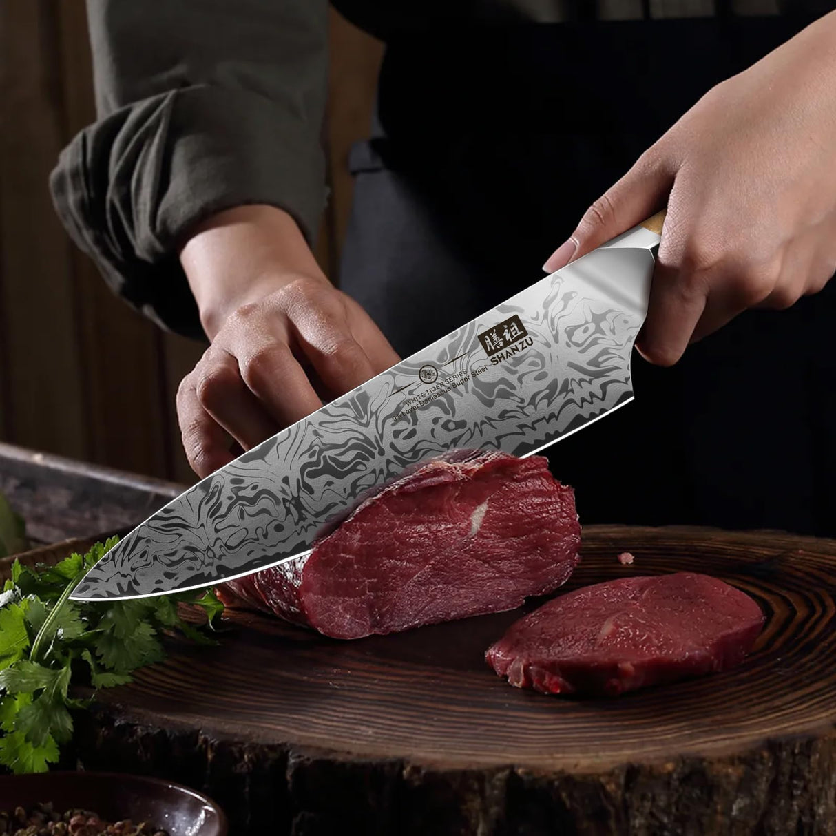 SHAN ZU Cuchillo de Chef Damasco, Cuchillo de Cocina Japonés de Acero en Polvo SG2, Cuchillo Cocinero de 20cm Forjado a Mano en 91 Capas de Acero Damasco, Mango de Arce - WHITE TIGER Series