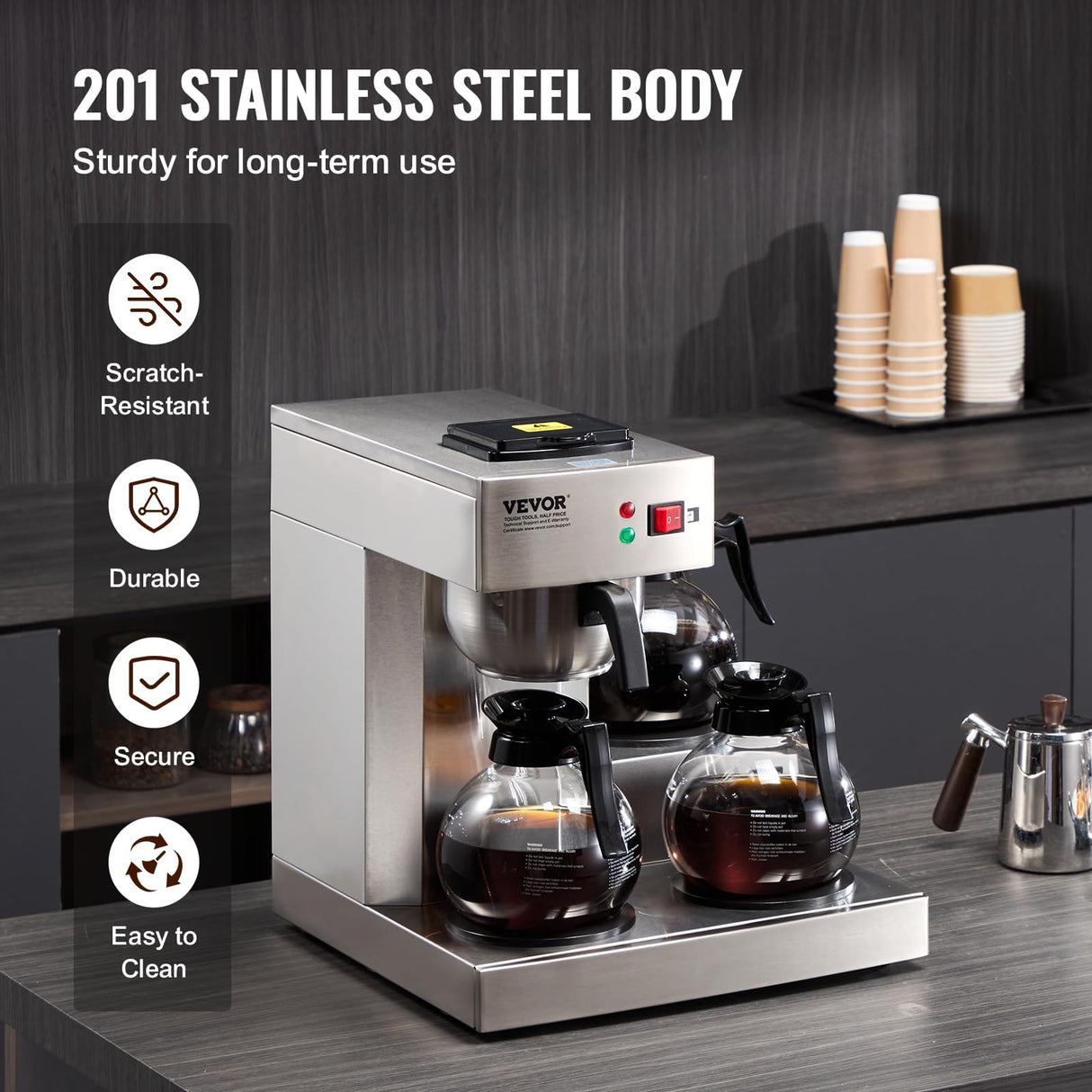VEVOR Cafetera de Goteo Comercial Máquina de Café con 3 Jarras de Vidrio y 3 Placas Calentadoras Cafetera de Acero Inoxidable con Entrada Automática de Agua para Restaurante, Oficina, Cafetería