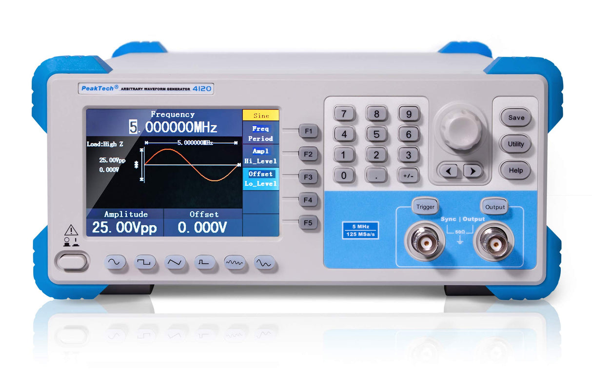 PeakTech, Generador de funciones arbitrarias Peaktech P 4120 1CH, 1 µhz, 5 Mhz, 6 formas de onda estándar, mando a distancia y software para edición de formas de onda, frecuencia de 125 MS/S