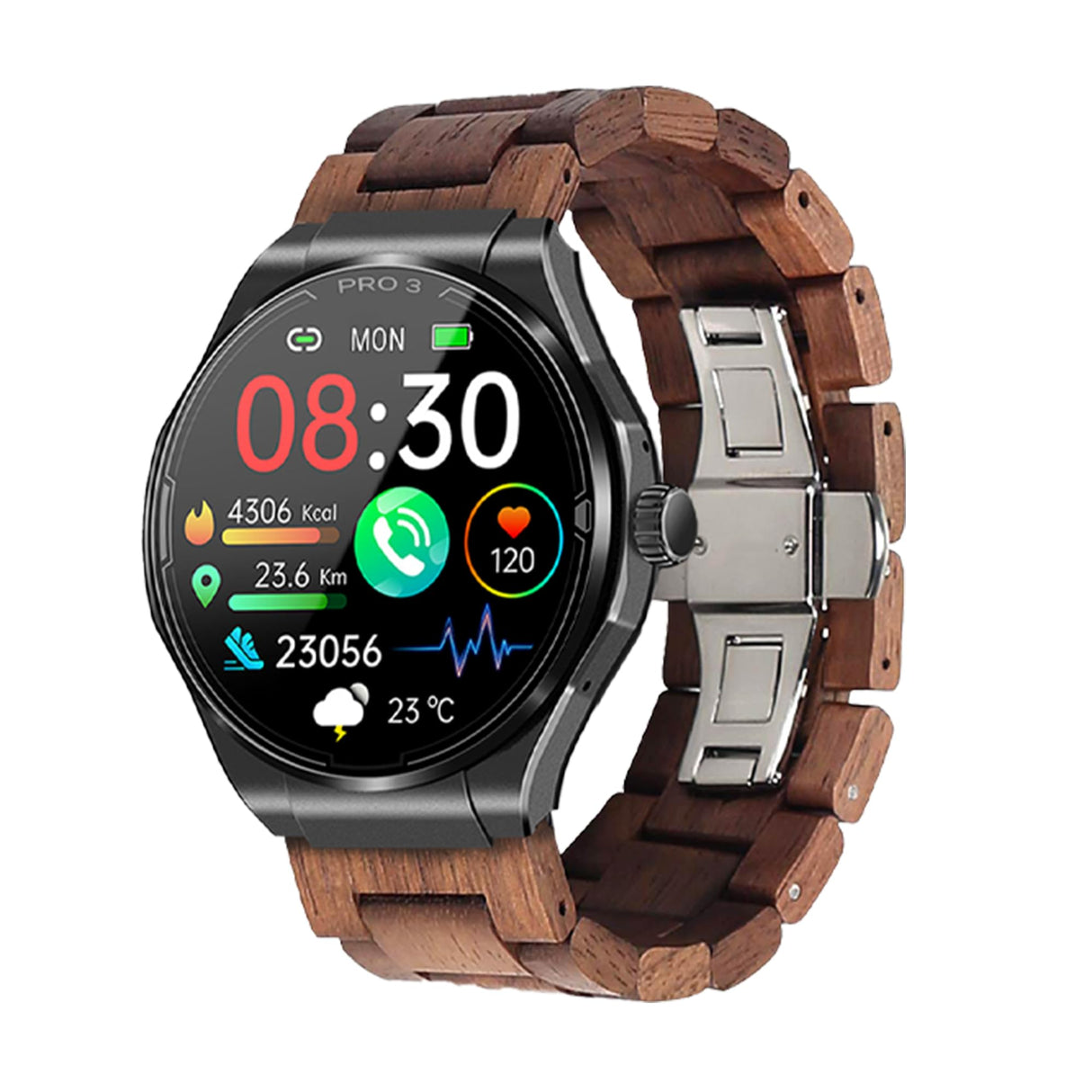 Knauermann PRO 3 (2024) Negro - Reloj sanitario smartwatch con función telefónica - ECG + HRV y función SOS - Pantalla AMOLED BT Bluetooth - Apnea del sueño - Correa de madera auténtica marrón oscuro,