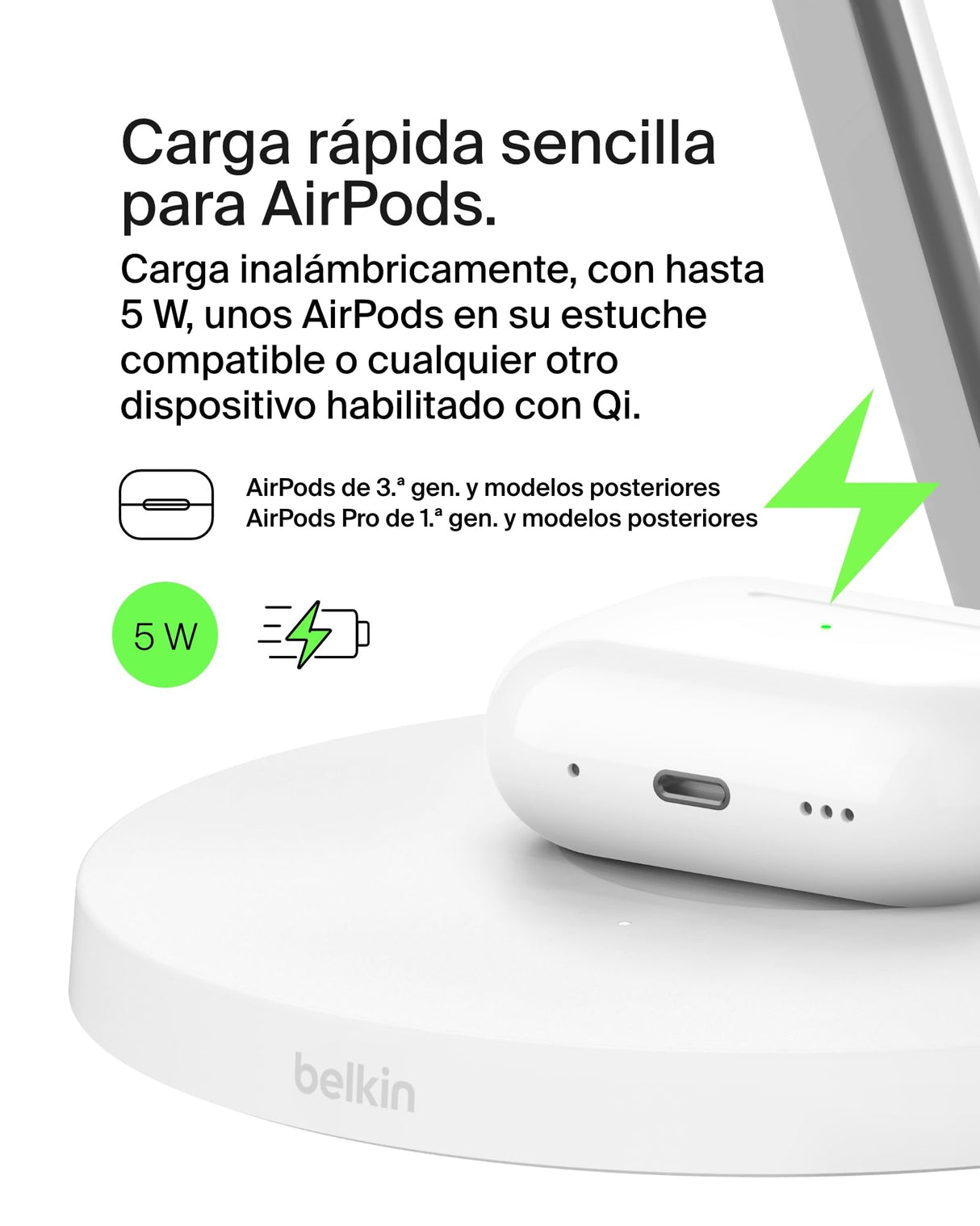 Belkin BoostCharge cargador Qi2 3 en 1, estación de carga inalámbrica con MagSafe, base de carga Qi2 para iPhone 16 Series, Apple Watch, AirPods, soporte antideslizante, fuente de alimentación, Blanco