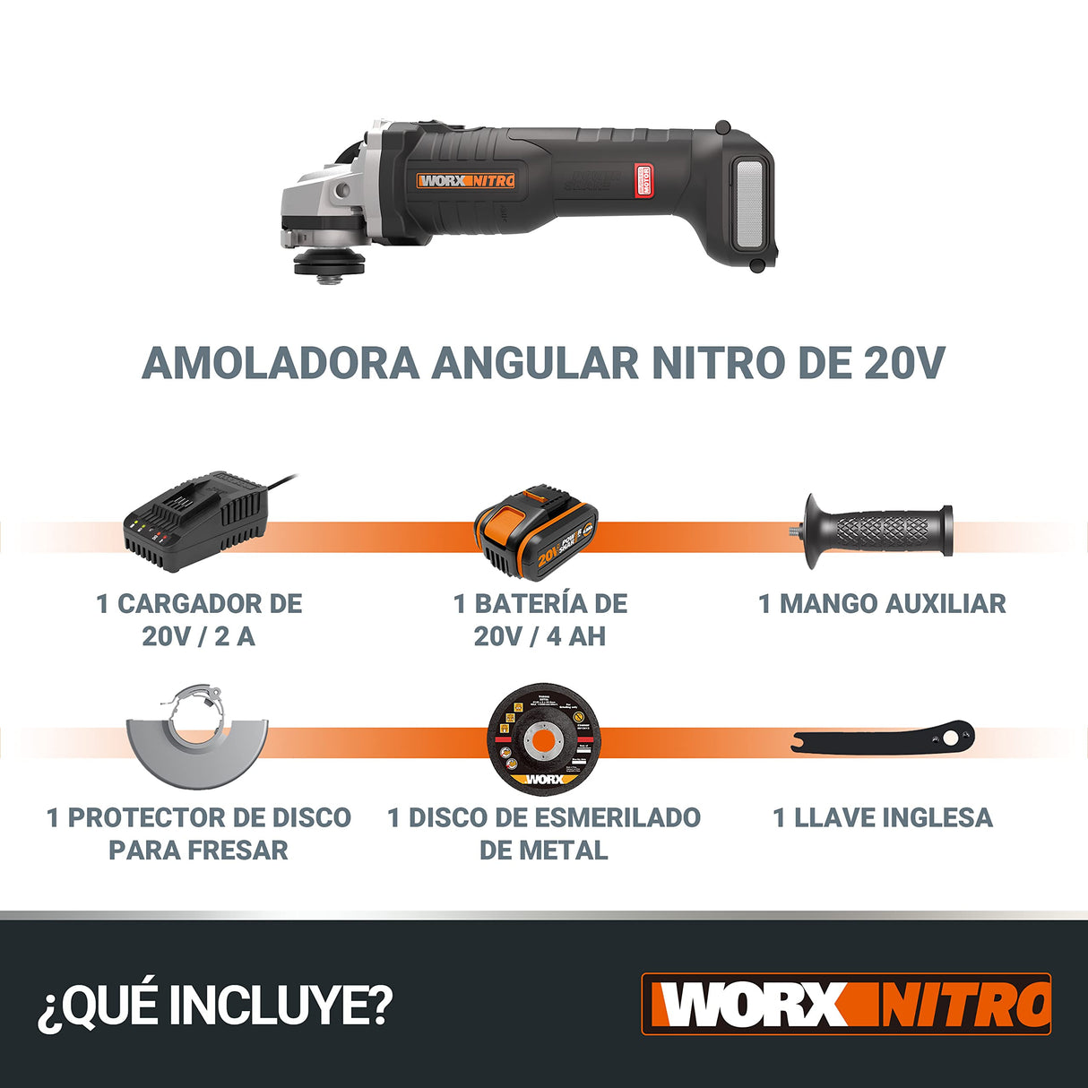 WORX Amoladora Brushless a batería 125mm 20V | PowerShare | WX812 | Incluye 1 batería 4Ah, cargador y maletín | Motor sin escobillas | Cuerpo delgado para un mejor agarre