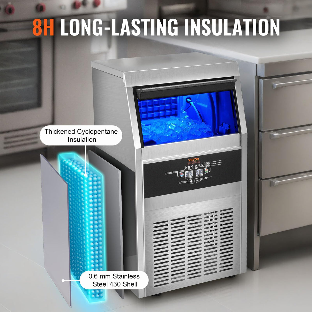VEVOR Máquina para Hacer Cubitos de Hielo Comercial 36kg/24h, 40 Bandejas para Cubitos de Hielo Capacidad de Almacenamiento de 11 kg Autolimpieza Sin Instalación Independiente para Hogar, Restaurante