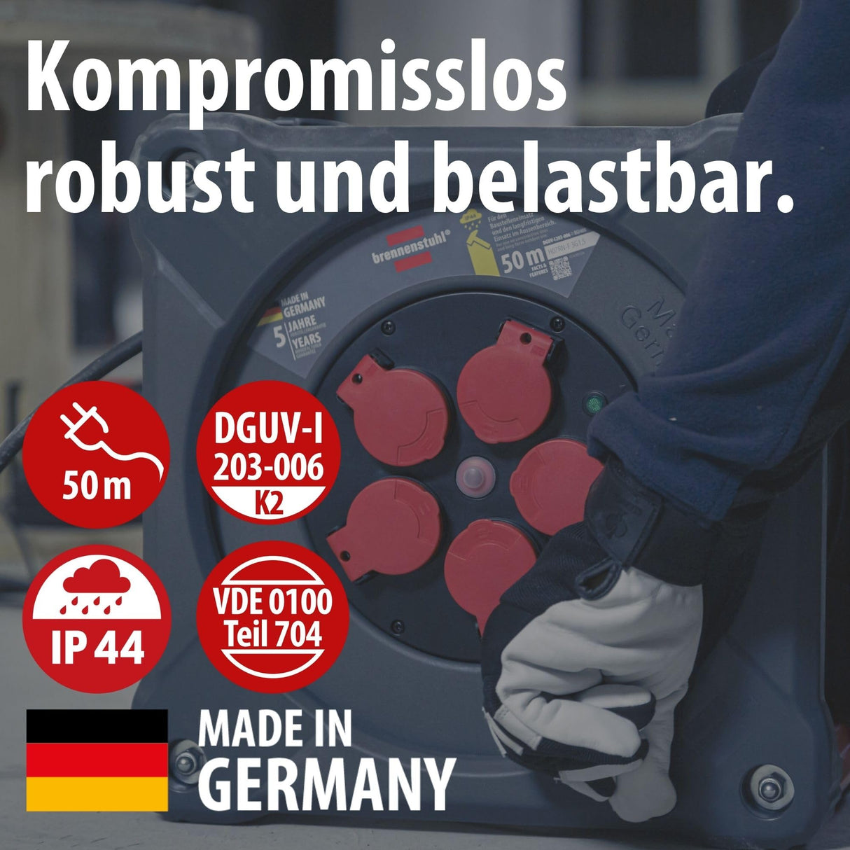 Brennenstuhl Carrete de cable profesional KA 5100 5 IP44 (cable H07RN-F 3G1,5 de 50 m en negro, 5 tomas de seguridad, uso en obra y exterior permanente, fabricado en Alemania)