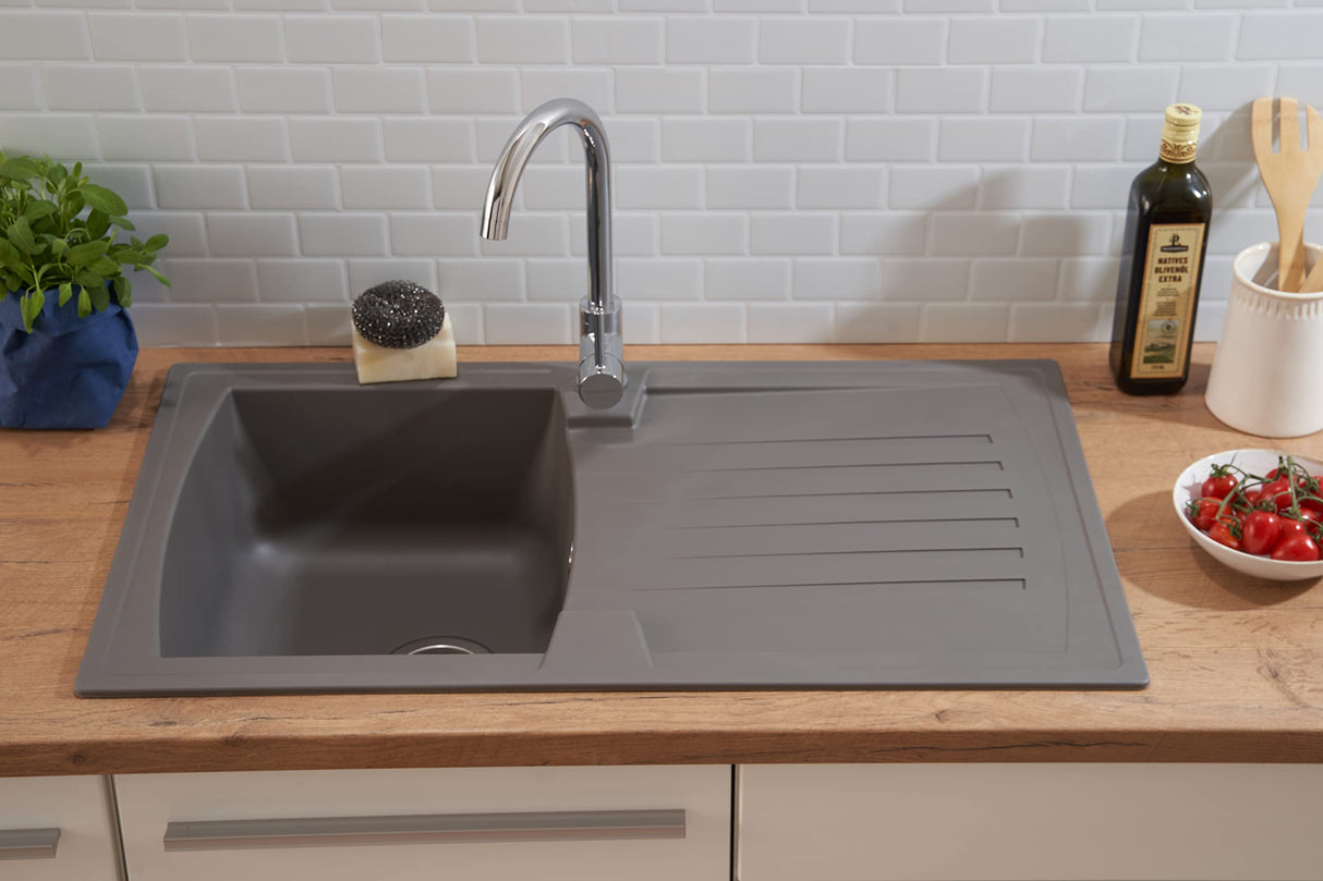 Respekta Boston Fregadero de Mineralite en gris hormigón/Fregadero empotrado de 1 cubeta de 86 x 50 cm/Apto para bases a partir de 45 cm de ancho