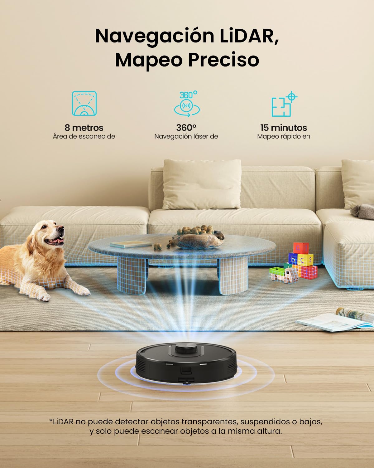 Vexilar Robot Aspirador y Fregasuelos W11 con Potente Succión 5000Pa, Robot Aspirador con Sistema de Navegación Láser Inteligente y Función de Mapeo Inteligente, Base Autovaciado, Negro