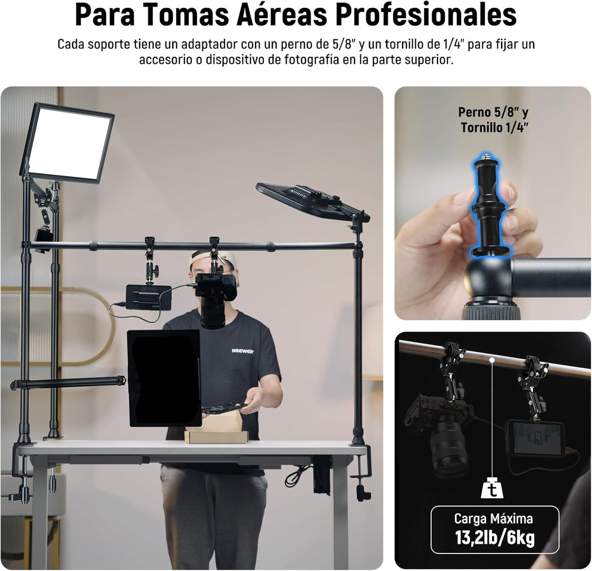 NEEWER Equipo de Montaje de cámara Superior con Doble Cabezal de Bola, súper Abrazadera/Soporte para teléfono/Abrazadera C para Fotos de Escritorio, Plataforma de Montaje de Metal para múltiples