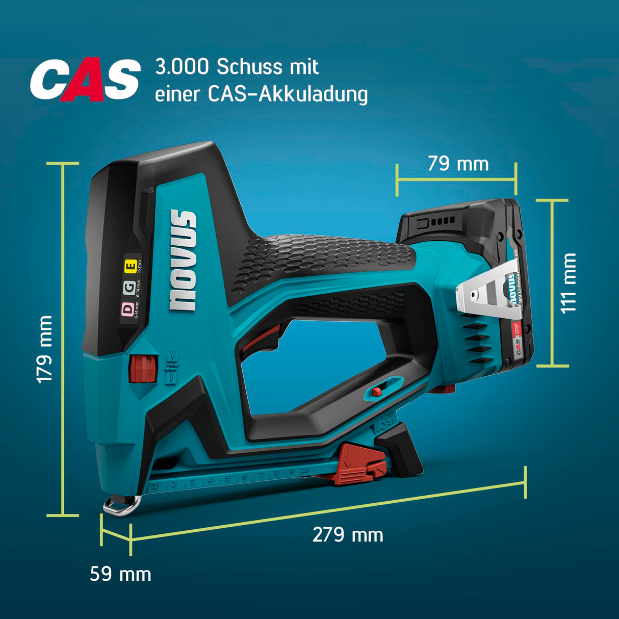 NOVUS TOOLS Juego de grapadora de batería J-551 con 9.800 grapas, para grapas de alambre plano de 6-14 mm y clavos de 16 mm, compatible con batería CAS de iones de litio de 18 V, sin batería ni
