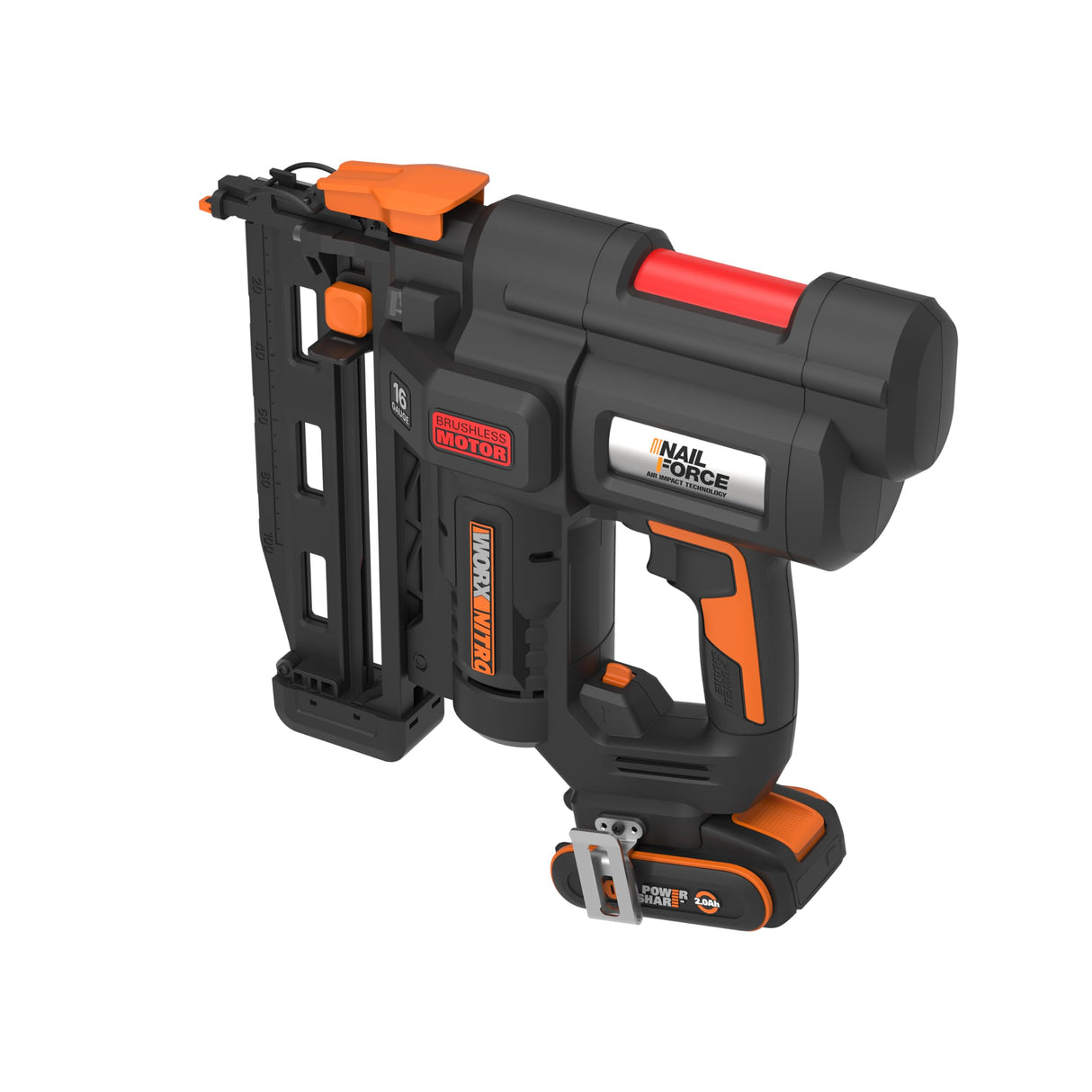 WORX WX841 Nitro – Clavadora eléctrica inalámbrica 20 V – 2 Ah – Tire hasta 80 clavos por minuto – Hasta 64 mm en la madera – Desbloqueo sin herramientas – (incluye batería y cargador| 200 clavos