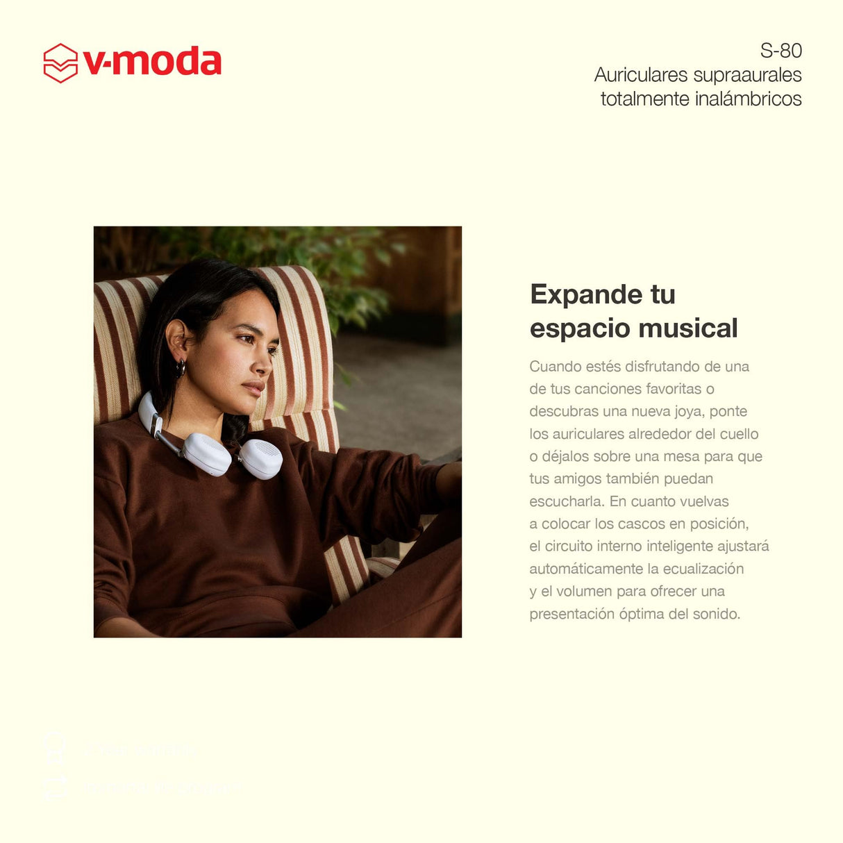 V-Moda S-80 | Auriculares supraaurales Totalmente inalámbricos | Sistema de Altavoces Personal | Diseño Elegante |Sonido Potente, Ajustado para la música electrónica | App de edición móvil | Blanco