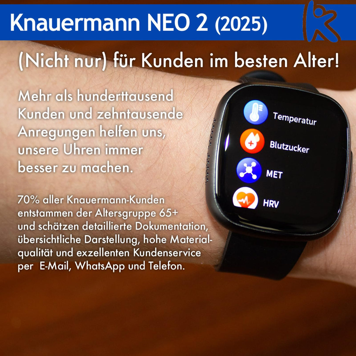 Knauermann Neo 2 (2025) - Negro Rectangular - Reloj de Salud Smartwatch - ECG - Función HRV - Bluetooth BT - Apnea del Sueño - Presión Arterial - Correa de Cuero de Vaca Negro, Höhe: 42mm; Breite: