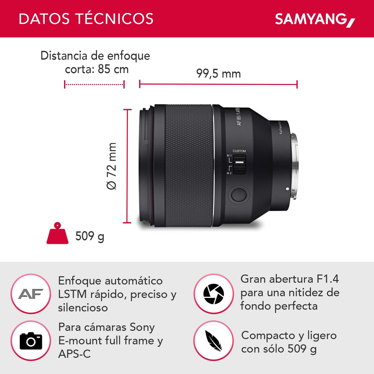 Samyang AF 85mm F1.4 II FE para Sony E - lente de retrato APS-C y formato completo con enfoque automático distancia focal fija para cámaras sin espejo con sistema Sony E Mount