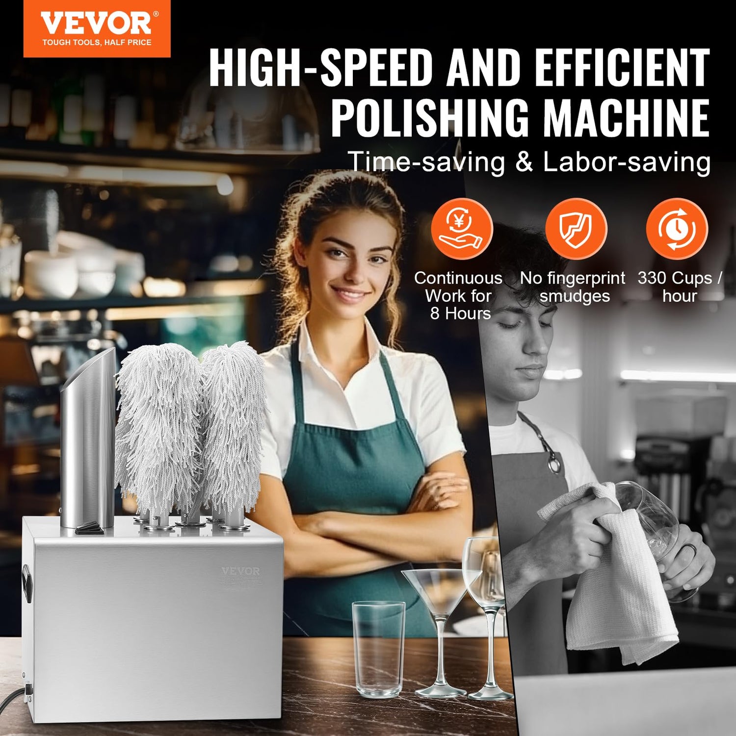 VEVOR Pulidora de Copas de Vino con 5 Cepillos Pulidora de Copas Eléctrica Comercial de 330 tazas/hora para Copas de Champán, Vasos de Cerveza, Jarras, para Bares, Restaurantes, Cocinas, Plata