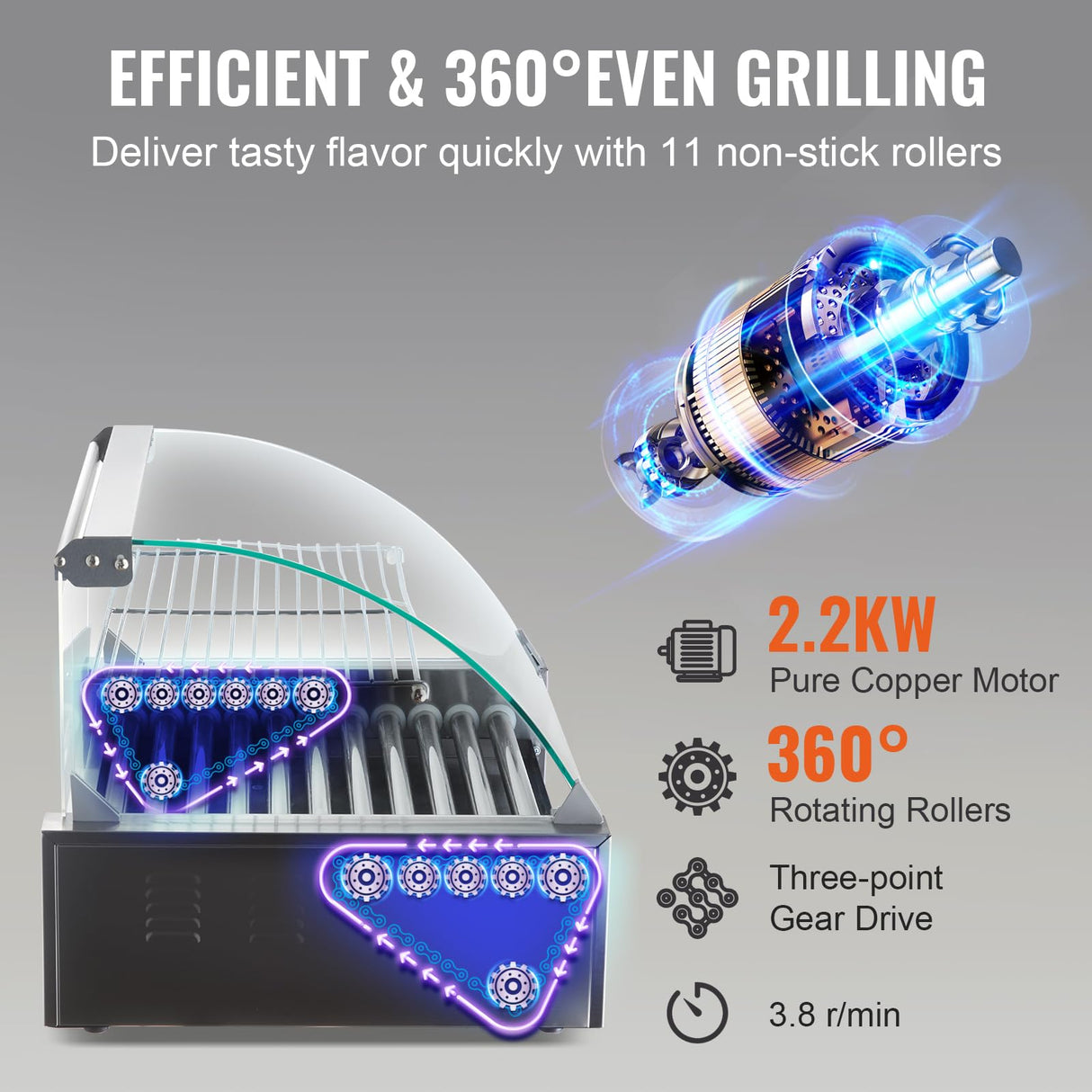 VEVOR Máquina de Rodillos para Perros Calientes de 56,2 x 47,5 x 44,2 cm con una Parrilla de Acero Inoxidable de Calidad Comercial, 50 °C-250 °C, 2,2 kW, para Puestos de Comida, Fiestas y Barbacoas