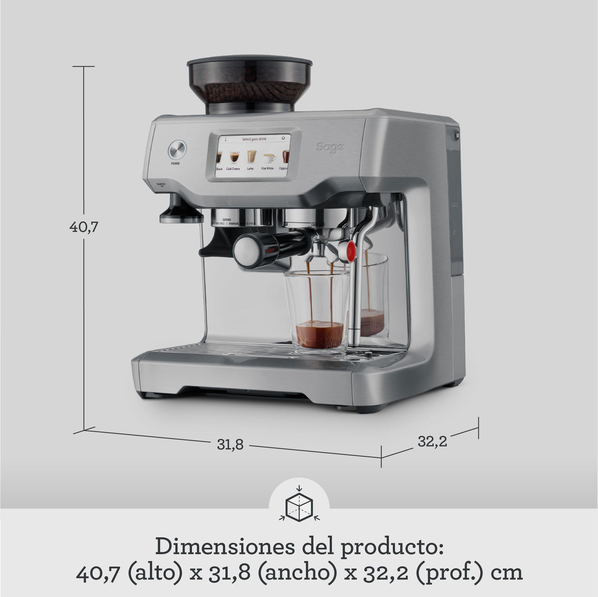 Sage - The Barista Touch - Cafetera Profesional con Pantalla Táctil, Molinillo Incorporado y Espumador de Leche, Acero Inoxidable Negro