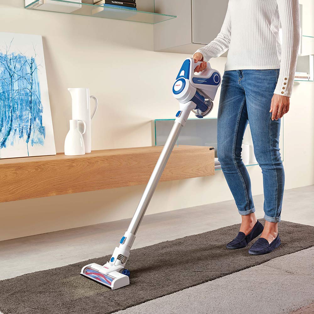 Polti Forzaspira Slim SR90B, Escoba Eléctrica Recargable sin Cable, Doble Función con Aspirador Portátil, Tecnología Ciclónica, hasta 40 Minutos Autonomia, Parking Vertical, Blanco y Azul