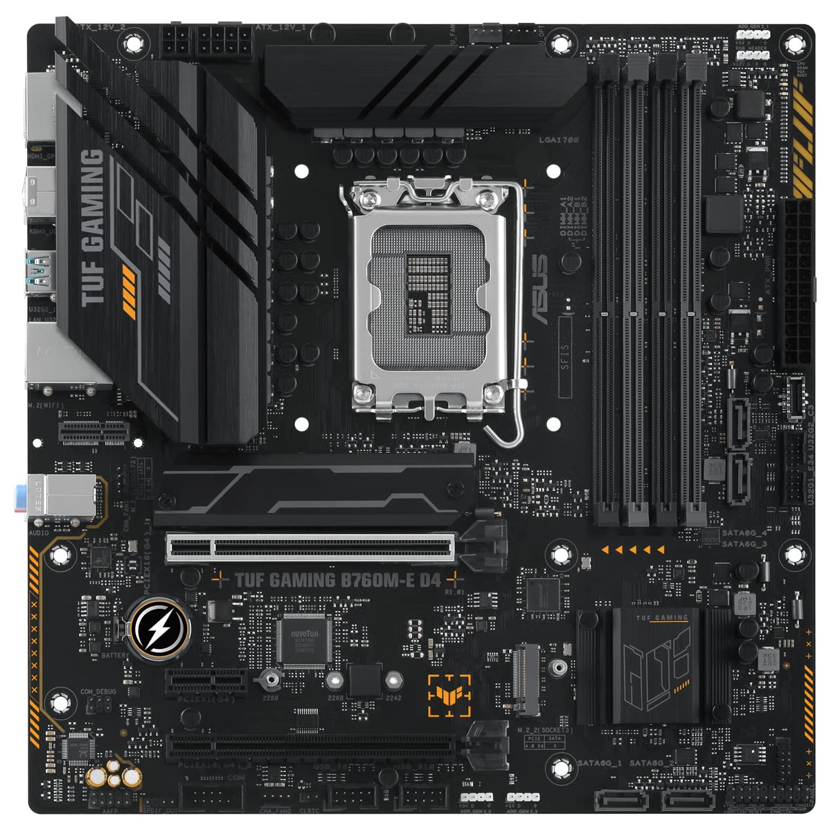 TUF GAMING B760M-E D4 - Placa base Intel B760 (LGA 1700) mATX con DDR4, PCIe 4.0, 2x M.2, 10+1 DrMOS, 2.5Gb Ethernet, M.2 vertical (Key E), Wi-Fi, USB 3.2 Gen 2 Tipo A, USB 3.2 Gen 2 Tipo C, Aura Sync