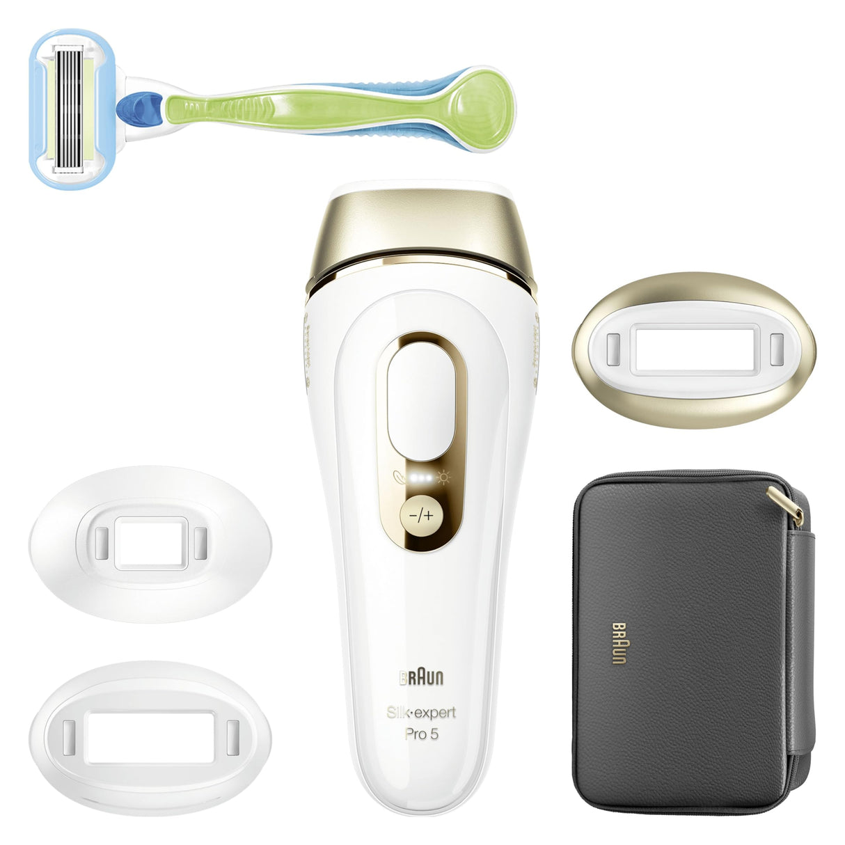 Braun IPL Silk-Expert Pro 5 PL5242 Depilación para el hogar, Blanco/Oro, Alternativa a la depilación láser, con caso, sistema de afeitado Venus, 3 cabezas, regalo para mujeres
