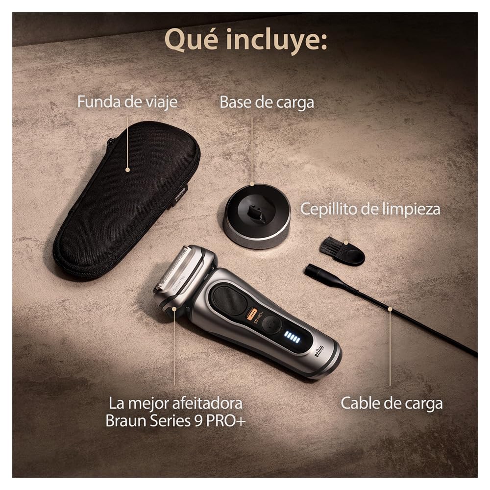 Braun Series 9 Pro+ Afeitadora Eléctrica Hombre, Máquina de Afeitar Barba Con Base De Carga y Funda De Viaje, En Seco Y En Mojado, 60 Min De Autonomía, 9517s, Plata